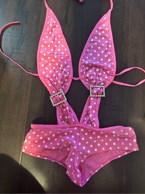 Vintage Y2K Pink Polka Dot Swimwear One Piece Rhinestone one of a kind monokini